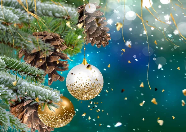 Christmas Tree Green Pine Tree Branch Cone Colorful Ball Winter — Fotografia de Stock