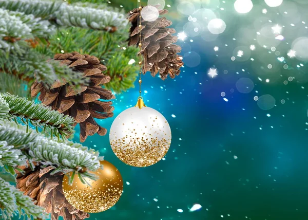 Christmas Tree Green Pine Tree Branch Cone Colorful Ball Winter — Stockfoto
