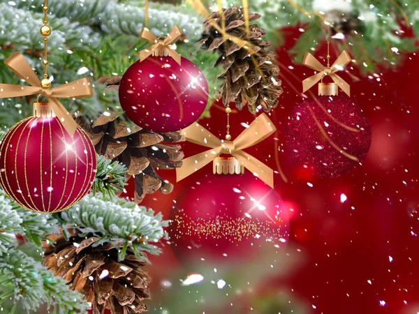 Christmas Green Pine Tree Branch Cone Red Ball Winter Festive — Fotografia de Stock