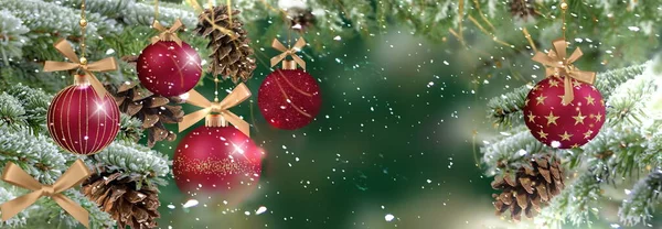 Christmas Green Pine Tree Branch Cone Red Ball Winter Festive —  Fotos de Stock