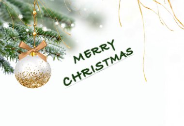 merry Christmas ball and green pine tree branch with cone winter isolated white festive  background copy space template banner