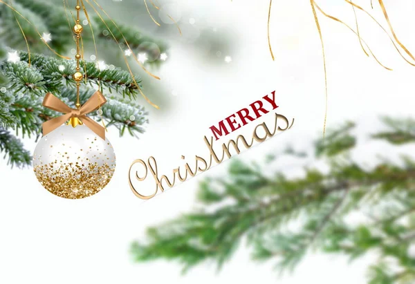 merry Christmas ball and green pine tree branch with cone winter isolated white festive  background copy space template banner