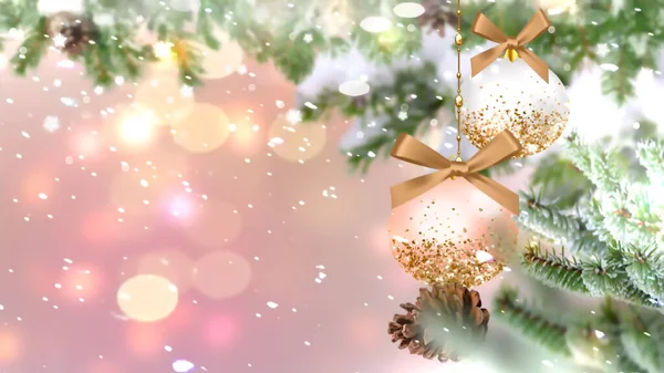 Christmas Banner Gold Ball Green Pine Tree Branch Cone Winter — Stok fotoğraf