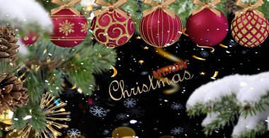  Christmas red ball and green pine tree branch with cone winter blue bokehand snow flakes  bakcground copy space template banner