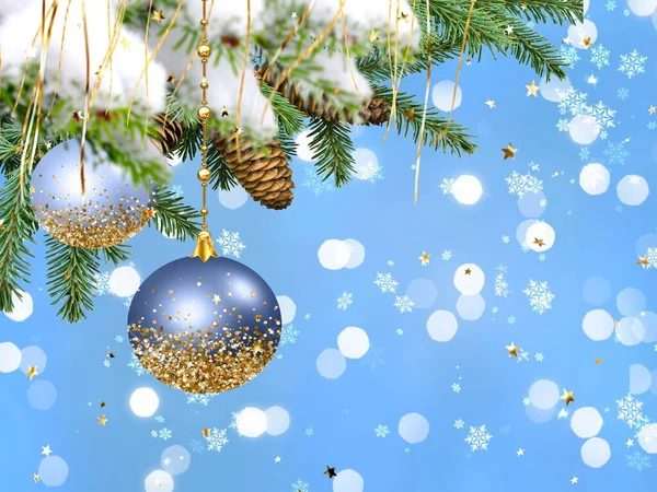 Christmas Blue Ball Gold Confetti Winter Blue Bokeh Starry Bakcground — Stockfoto