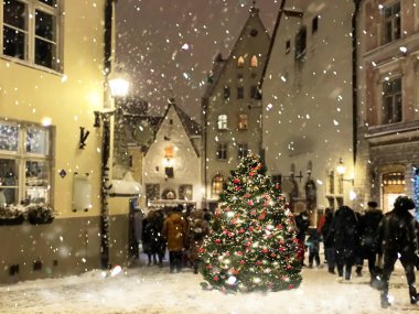 Christmas  Tallinn tree decotaion on street in medieval city old town holiday in Estonia 