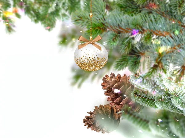Christmas Ball Green Pine Tree Branch Cone Winter Blue Bokeh — Stockfoto