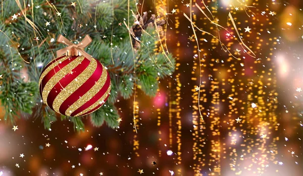 Christmas Red Gold Ball Green Tree Bokeh Background Banner — Zdjęcie stockowe