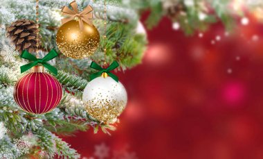 Christmas tree and red ball on festive blurred background banner template copy space 