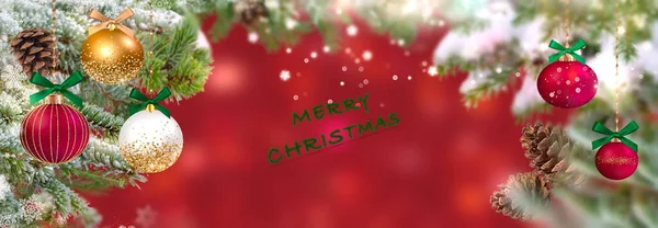 Merry Christmas Tree Red Ball Festive Blurred Background Banner Template — Zdjęcie stockowe