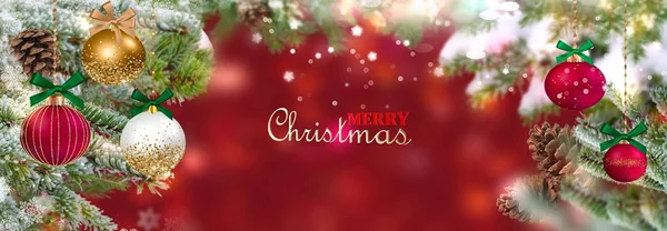 Merry Christmas Tree Red Ball Festive Blurred Background Banner Template — Stockfoto