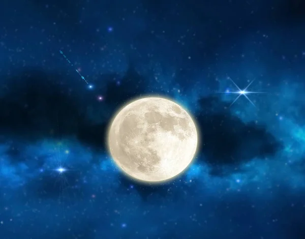 Cosmic Light Star Flares Starry Night Blue Sky Big Moon — Stok fotoğraf