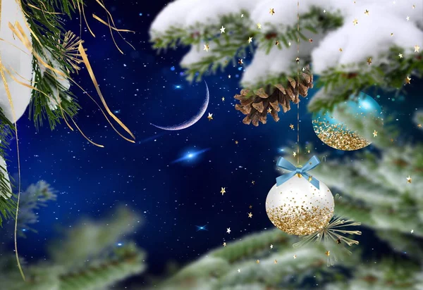 Christmas Tree Ball Starry Blue Night Moon Sky Snow Flakes — Photo