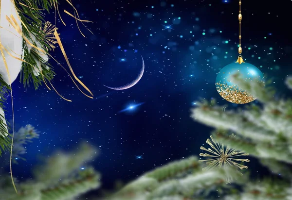 Christmas Tree Ball Starry Blue Night Moon Sky Snow Flakes — Photo