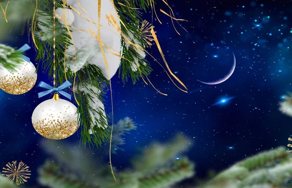 Christmas Tree Ball Starry Blue Night Moon Sky Snow Flakes — Fotografia de Stock