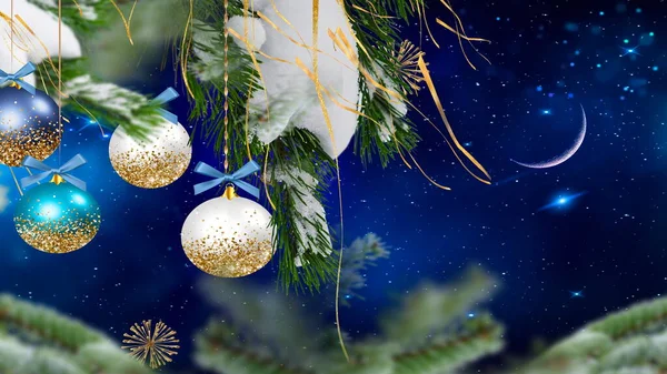 Christmas Tree Ball Starry Blue Night Moon Sky Snow Flakes — Photo