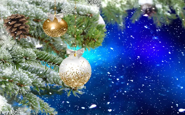 Christmas Ball Gold Confetti Winter Blue Bokeh Starry Night Sky — 스톡 사진