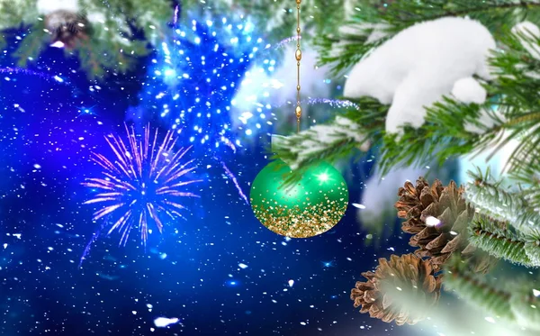 Christmas Ball Gold Confetti Winter Blue Bokeh Starry Night Sky — Stockfoto