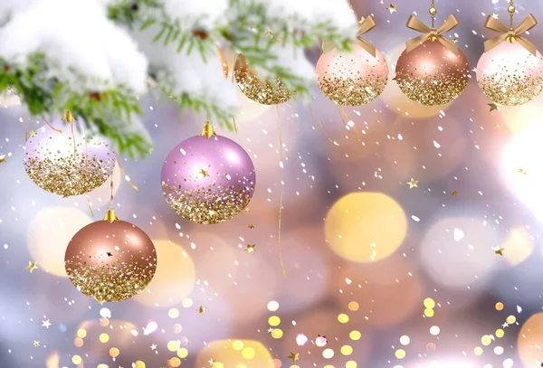 Christmas Tree Branch Pink Gold Lilac Ball Confetti Pastel Blurred — Fotografia de Stock