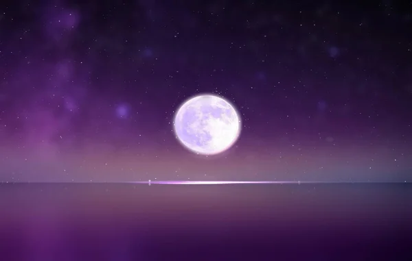Moon Blue Lilac Starry Sky Reflection Sea Planet Flares Universe — Stock fotografie