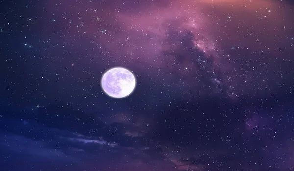 Purple Blue Starry Sky Full Moon Sunset Nebula Comet Meteor — Stockfoto