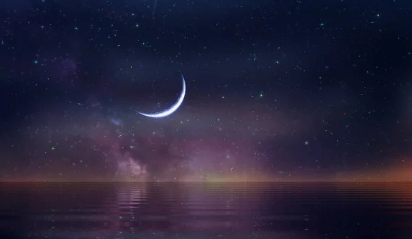 Фіолетове Блакитне Зоряне Небо Повний Місяць Захід Сонця Туманність Метеорит — стокове фото