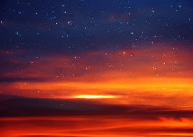 dramatic cloudy starry sky star fall and orange sunset at summer night cloudy seascape nature background weather forecast