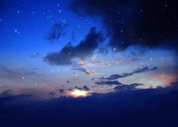 Dramatic Cloudy Starry Sky Star Fall Orange Sunset Summer Night — Stock Fotó