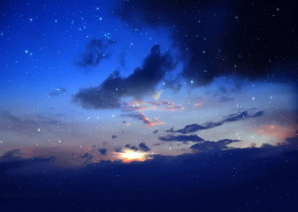 Dramatic Cloudy Starry Sky Star Fall Orange Sunset Summer Night — ストック写真