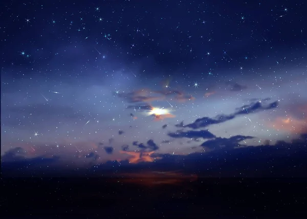 Dramatic Cloudy Starry Sky Star Fall Orange Sunset Summer Night — Fotografia de Stock