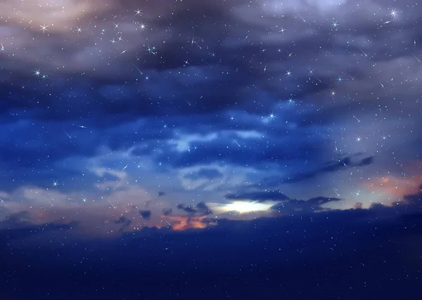 Dramatic Cloudy Starry Sky Star Fall Orange Sunset Summer Night — 图库照片