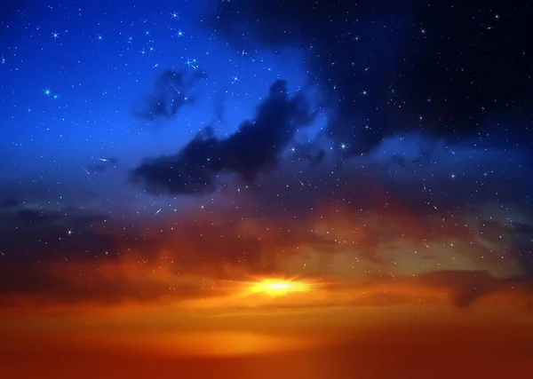 Dramatic Cloudy Starry Sky Star Fall Orange Sunset Summer Night — 图库照片