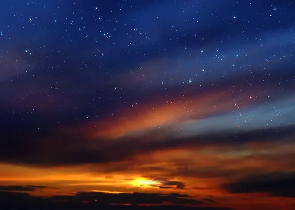 Dramatic Cloudy Starry Sky Star Fall Orange Sunset Summer Night — 图库照片