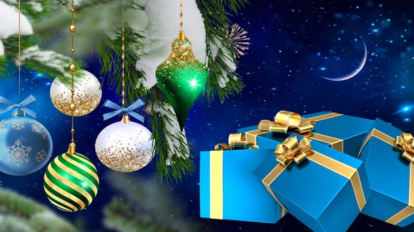Веселое Рождество Голубой Золотой Шар Подарочная Коробка Поздравительной Открыткой Красочные — стоковое фото
