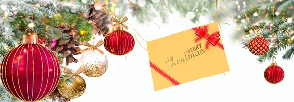 Merry Christmas Red Gold Ball Gift Box Greetings Card Colorful — Stock Photo, Image