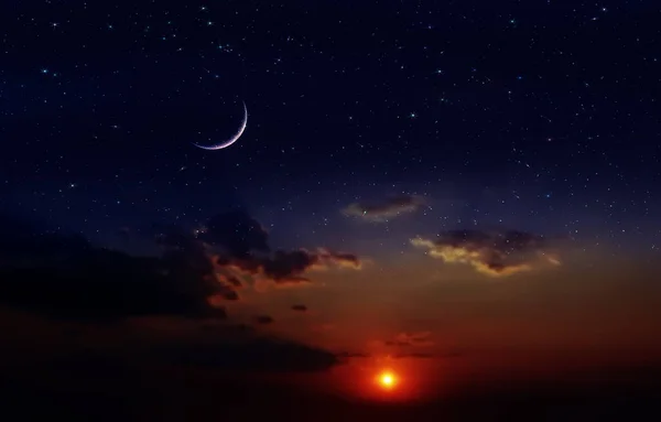 Нічний Драматичний Захід Сонця Місяця Зоряному Небі Зірка Падає Вітер — стокове фото