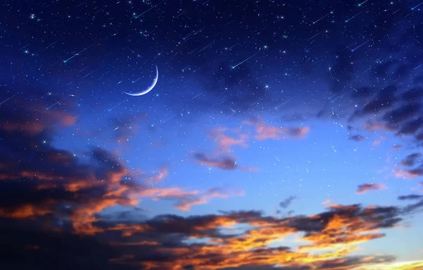 Нічний Драматичний Захід Сонця Місяця Зоряному Небі Зірка Падає Вітер — стокове фото