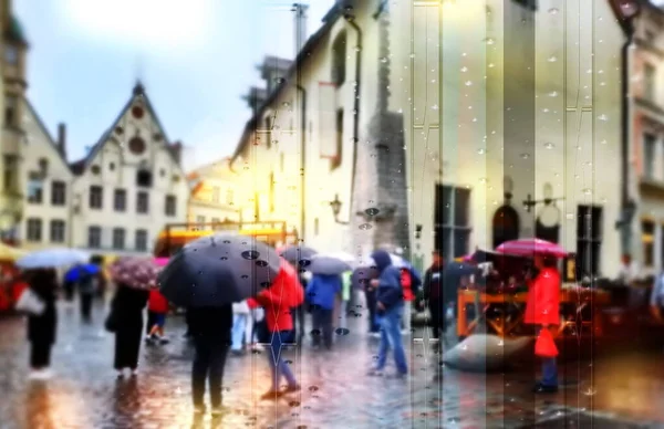 Rainy City View Window People Walk Umbrellas Medieval Houses Tourist — Photo