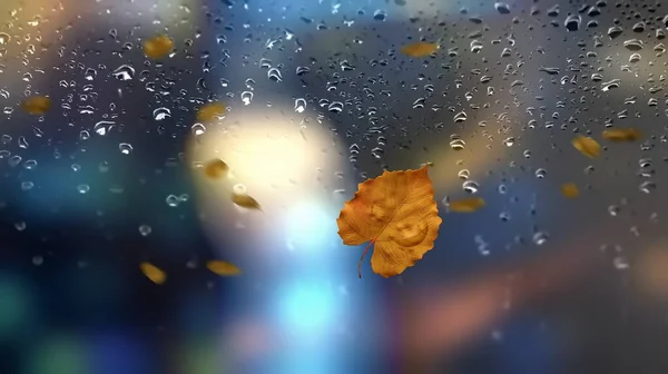 Blurred Blue Yellow Night Light Background Rain Drops Autumn Leaves — Stockfoto