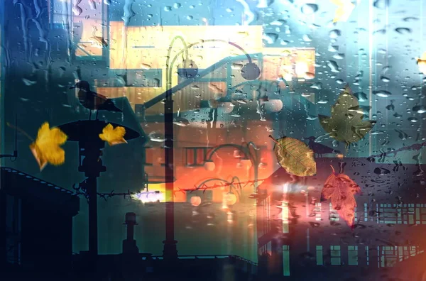 Night City Rain Blurred Light Car Traffic Shop Vitrines Window — Stock Fotó