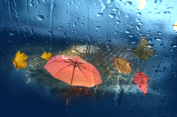 Autumn Leaves Rainy City Car Street Traffic Lights Umbrella Blurred — Stock Photo, Image