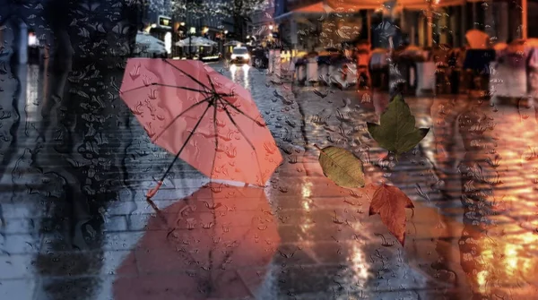 Autumn leaves  Rainy city car   street traffic lights umbrella  blurred on asphalt   cold  weather defocus background