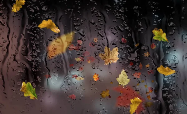 Rainy Window Autumn Yellow Leaves Bokeh Night City Light — Fotografia de Stock