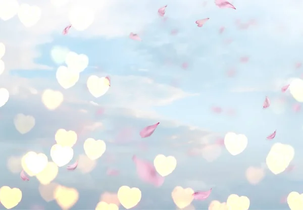 Romantic Blue Sky Flying Heart Pink Petal Pastel Defocus Background — Stok fotoğraf