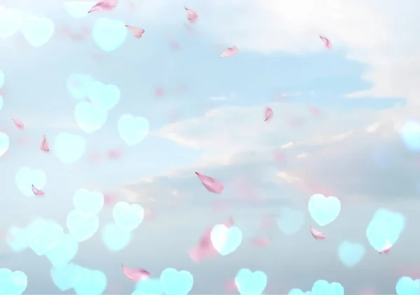 Romantic Blue Sky Flying Heart Pink Petal Pastel Defocus Background — Φωτογραφία Αρχείου