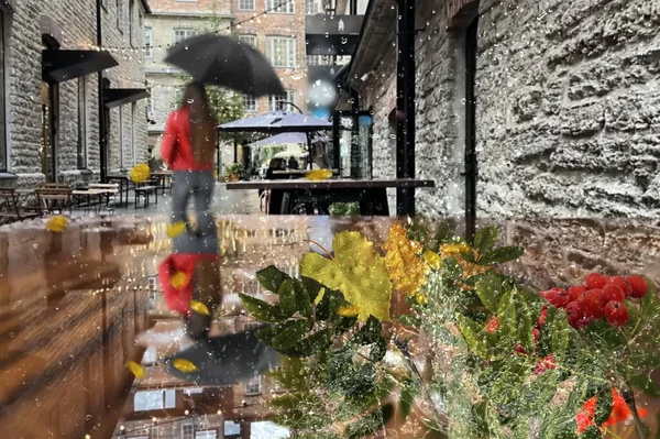 woman with umbrella reflection in puddle under rain and yellow leaves on wooden table Autumn season weather