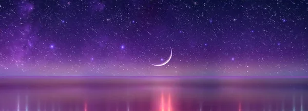 starry night at sea star fall  nebula water reflection on horizon dark bright lilac blue background banner template