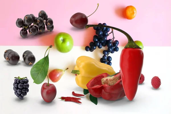 Vegetables Fruits Berry Mix White Pink Background — Stockfoto