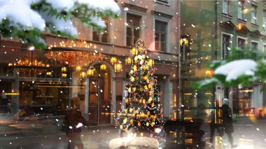 Christmas tree reflection in vitrines windows glass  evening city street scene pedestrian walk illuminated  winter  holiday  background