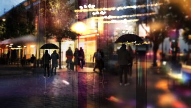 city night light  view from windows glass on street , people walk with umbrella cold rainy season Autumn background urban scene